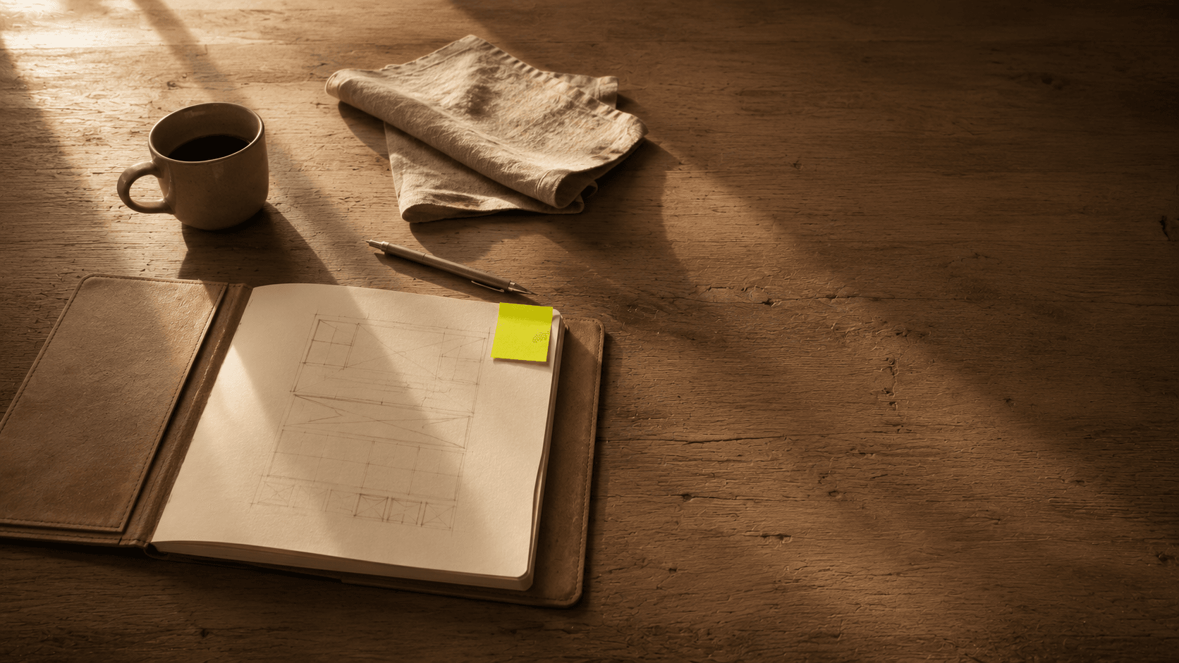 Egetræs-skrivebord i et dansk designstudie — læderindbundet skitsebog, keramikkop og en chartreusegrøn post-it i eftermiddagssol